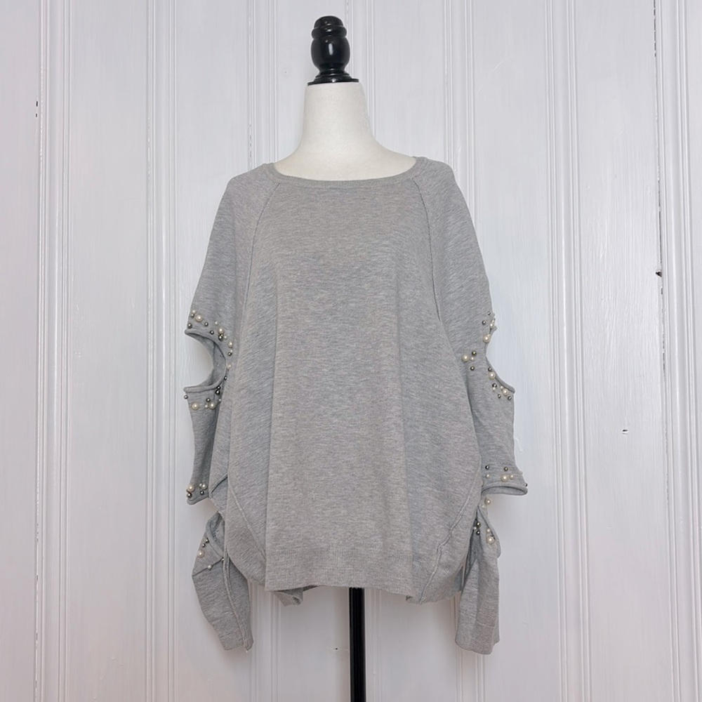 ZARA Oversized Light Gray Cotton Sweater with Pearl Details